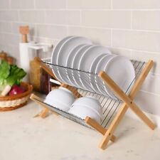 Teak 2-Tier Bamboo Dish Drying Rack Cutlery Wooden Plate Cup Kitchen Organizer