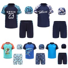 UK Boys Swimming Trunks Quick Dry Swim Top Cap Set Kid Rash Guard Suits Swimwear