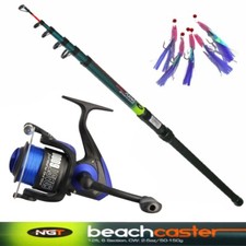 Telescopic Beachcaster Fishing Rod NGT 12ft + Reel Sea Beach + Mackerel Feathers