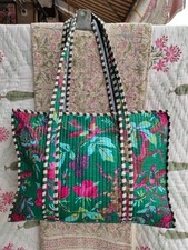 Cotton Quilted Green Bird Printed Handmade Tote Grocery Everyday Bag For Women