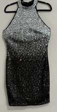 Quiz Black & Silver Sequin Size 10 Party Sleeveless Halter High Neck Dress.