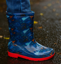 Boys Blue/Navy Dinosaur Wellies 8-2-Waterproof Colourful Kids Welly Rain Boot