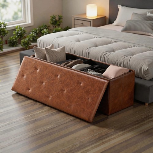Faux leather storage ottoman - faux,