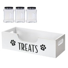 Wooden Pet Snack Storage Box with Plastic Treat Jar Food Storage Holder (White)