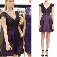 Karen Millen Purple Black Signature Elegant Lace Satin Pleat Skater Dress