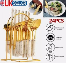 24PC CUTLERY DINNER SET STAINLESS STEEL METAL STAND RACK FORKS TEA SPOONS POLISH
