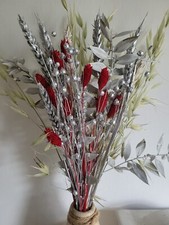 DRIED FLOWER BOUQUET 40CM HANDMADE CHRISTMAS MIXED - WHITE, RED & SILVER