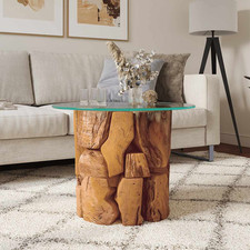Rustic Solid Teak Driftwood Coffee Table with Tempered Glass Top - 60 cm