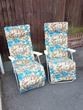 Vintage 1980s Floral Padded Folding Reclining Sun Loungers / Deckchairs 