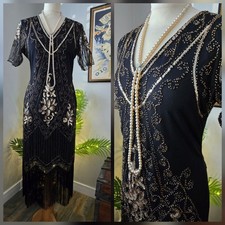 Vintage Flapper 1920s Gatsby Downton Sequin Beaded Fringed Party Dress Size 14