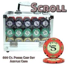 New 600 Scroll Ceramic Poker Chips Set with Acrylic Case - Pick Denominations!