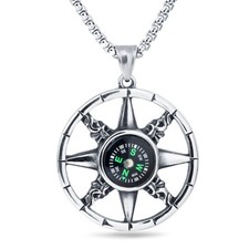 TITANIUM SILVER ROTATING COMPASS PENDANT NECKLACE CHAIN TRENDY CAMPING MEN WOMEN