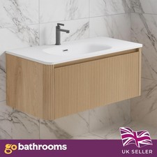 Oak Ribbed Vanity Unit Wave 1000mm Wall Hung Sink Unit & Ceramic White Basin