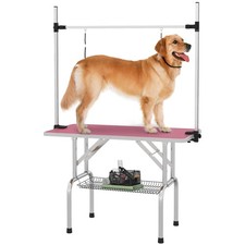 PawHut Metal Adjustable Dog Grooming Table Rubber Top 2 Safety Slings Mesh