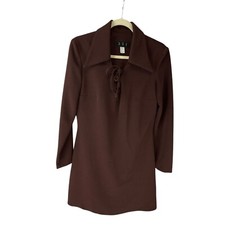 DSL Vintage Brown Lace Up Mini Sheath Dress Size 10 Church Modest Old Money 70s