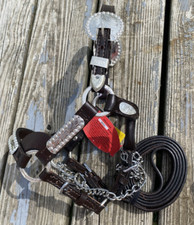 Miniature horse dark brown leather Western show halter w/berry edge silver, lead