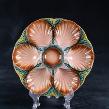 French Antique Oyster Plate SARREGUEMINES Majolica Coral Green FREE SHIPPING