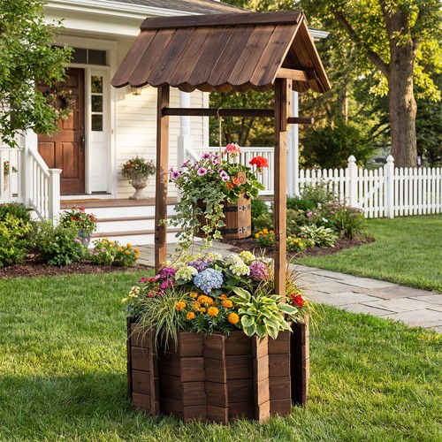 Wooden wishing well planter - wooden,