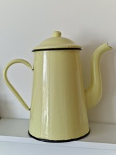 VINTAGE ENAMEL YELLOW & BLACK RIMMED COFFEE TEA POT KITCHENALIA INTERIOR DECOR 