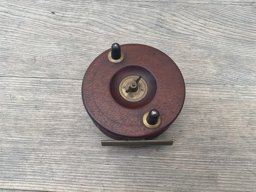 Old wooden fishing reel brass - fishing,