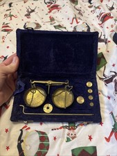 Small Vintage Brass Weighing Scales with Weights and Stand in blue Velvet Case