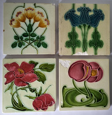 FOUR VINTAGE VICTORIAN ART NOUVEAU RELIEF MOULDED DAMAGED CERAMIC TILES 6" SQ