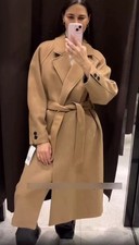 Zara Longline Belted Wool Blend Coat Camel Beige Size S 9174/298 
