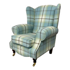 Wing Back Queen Anne Cottage Chair Balmoral Duck Egg Blue Tartan  Dark Wood Legs