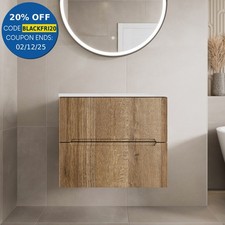 600mm Bathroom Vanity Unit White Marble Countertop Wall Hung Fluted Oak Unit