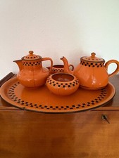 Vintage Enamel Orange Teapot Set on Tray  1940s - German Enamel ?