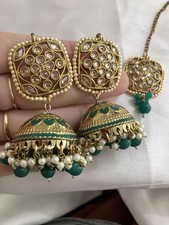 Jhumka And Tikka Set Indian Set Earrings Maangtikka Ethnic Jewellery Green
