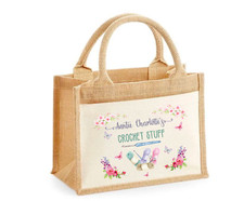 Personalised XL Jute Bag  with front pocket Crochet Stuff Gift Butterflies