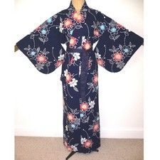 VINTAGE JAPANESE BLUE YUKATA COTTON KIMONO ROBE DRESSING GOWN COLOURFUL FLOWERS