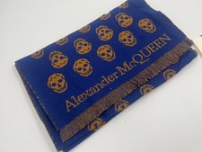 ALEXANDER MCQUEEN REVERSIBLE UPSIDE DOWN SKULL WOOL SCARF IN SAPPHIRE & BEIGE