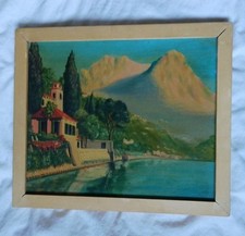 Vintage Mediterranean Coastal Scene Framed Oil Painting Mountains Italy?