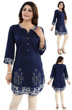 Ladies Blue Rayon Designer Embroidery Women Ethnic Kurti Tunic Shirt Dress BD415