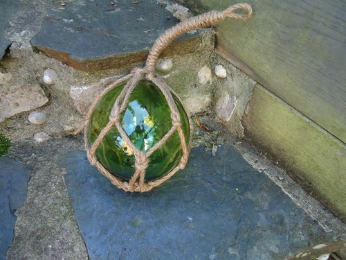 Large green glass fishing - glass, boat