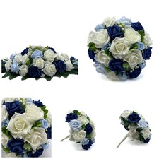 Artificial Wedding Flowers Navy Blue Baby Blue Ivory Rose Bouquet Package Posy