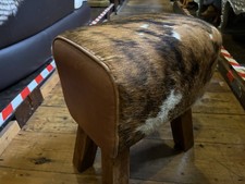 Genuine Cowhide Hair On Leather Round Pouffe Stool Handmade Brown H 52 x 40cm