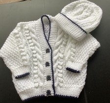 Baby Hand Knitted White/navy trim aran pattern Cardigan &Hat .6-9+m chest 21”