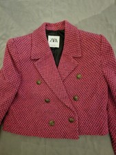 Zara Pink Cropped Blazer Tweed Woven Fabric With Tag Size S