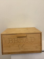 Wooden Bread Bin Carved Drop Down Front Lid Heart Farmhouse Storage Box Kitchen