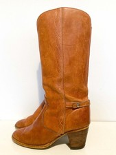 Gorgeous Vintage Retro Thick Deep Tan Real Leather Tall Cowboy Western Boots UK5