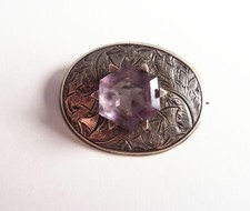 Rare antique amethyst Scottish Celtic brooch, silver? C clasp thistle signed SW