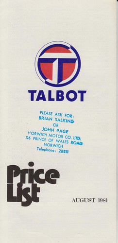 Talbot price list - 1981, sunbeam