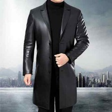 Nuovo Uomo Nero Pelle Cappotto Trench 100% Morbido di Pecora Slim Fit