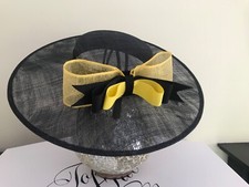 Boater hat. Black with yellow. Designer. Bespoke. Handmade.
