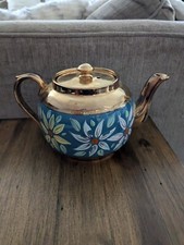 Vintage Sudlows Burslem English Pottery Floral Blue Gold Made In England 