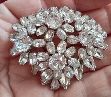 Vintage Jewellery Large Domed Silver Tone Clear Crystal Rhinestone Brooch