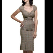 Stop Staring Heather Belted Wiggle Dress XL UK 12 - 14 40s Tan Check Plaid PinUp